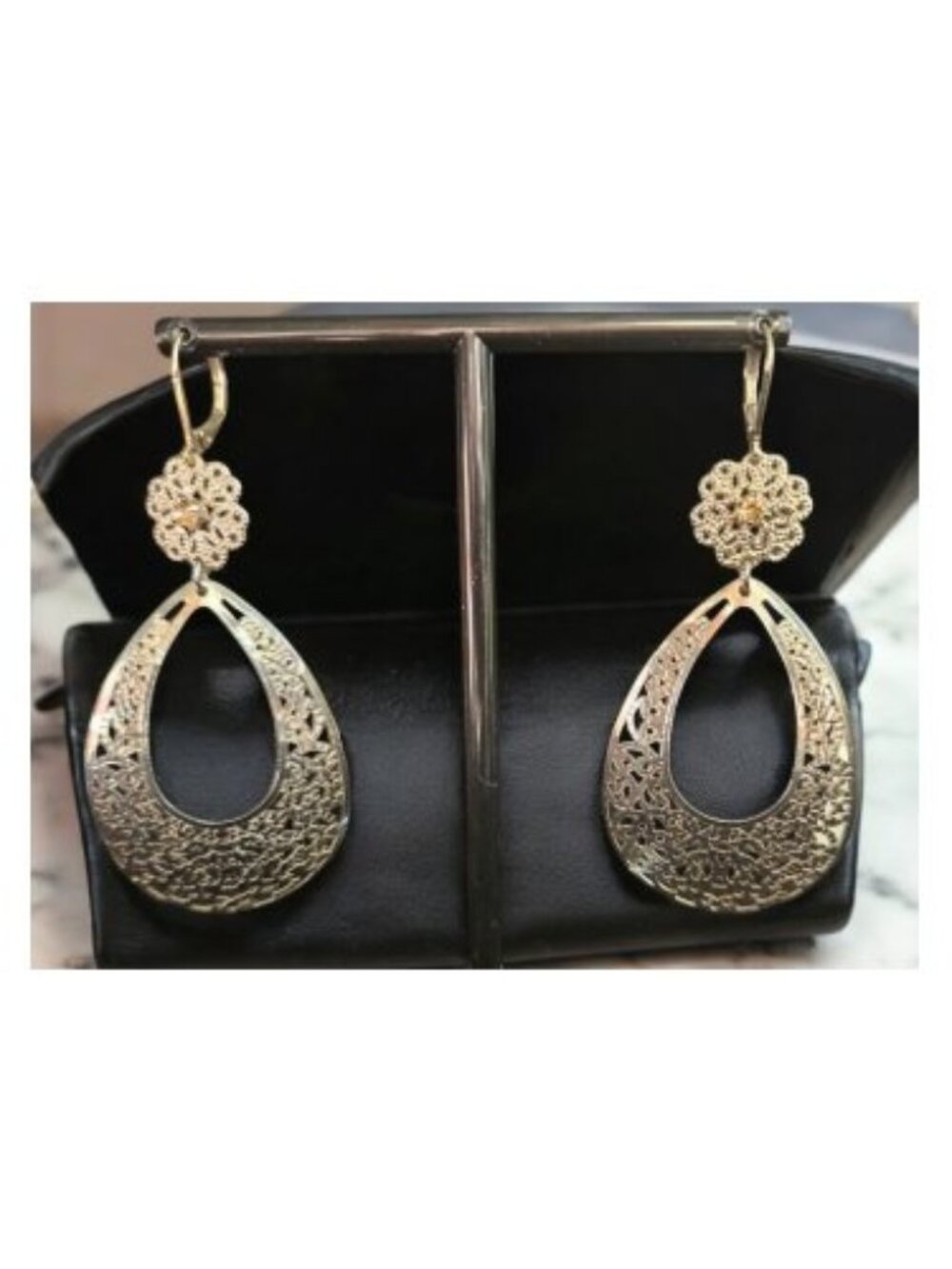 Gold Plated Filigree Dangle Earrings Topaz Gemstone